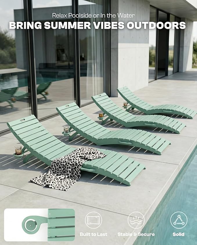 Folding HDPE Pool Lounge Chairs Set of 4, Pre-Assembled Outdoor Chaise Lounge