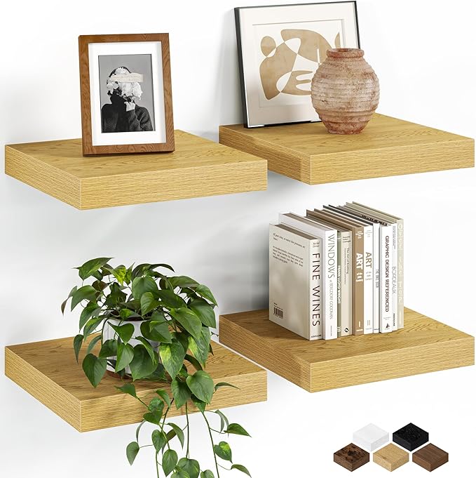 Fun Memories Floating Shelves for Wall, 9.3 Inch Set of 4 Rustic Wood Wall