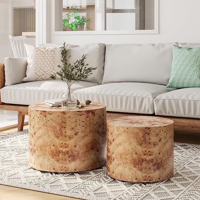 Nesting Coffee Table Set of 2 for Living Room, Modern Round Wooden Circle