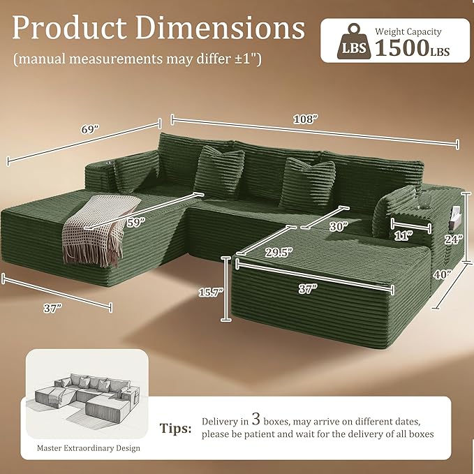 Oversized 108" Cloud Sectional Couch, Comfort U Shaped Boneless Couch