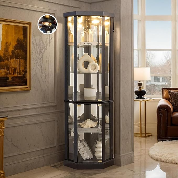 Corner Curio Cabinet, Light Bulb Inclued, Wine Bar China Cabinet