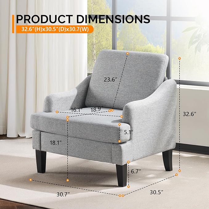 VINGLI Linen Fabric Accent Chair Grey, Modern Upholstered Armchair, Comfy Sofa