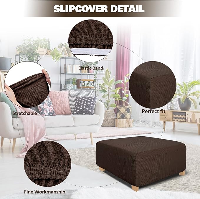 NeColorLife Square Ottoman Cover Jacquard Fabric Ottoman Slipcover Thick