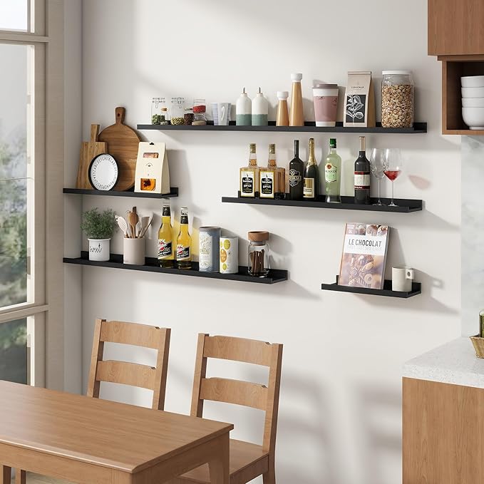 Floating Picture Ledge Shelves Set of 8, 16 Inch Solid Wood Wall Shelves