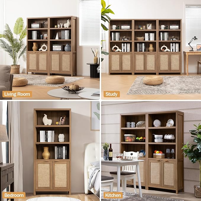 SICOTAS Bookcase 71" Tall Bookshelf 5 Tier Rattan Boho Bookcase
