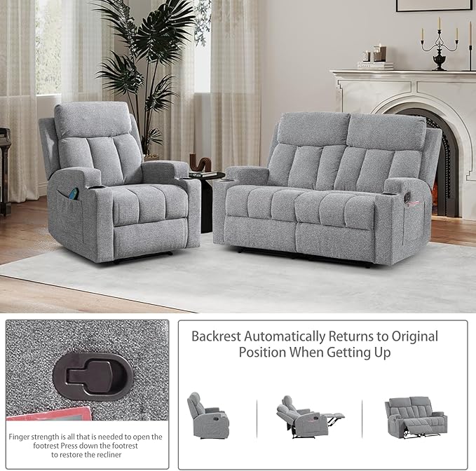 CANMOV Manual Recliner Sofa Set, Fabric Recliner Living Room Furniture Sets