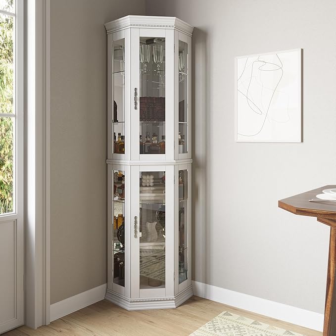 BELLEZE Lighted 3-Side Glass Display Curio Cabinet w/Tempered Glass Doors &