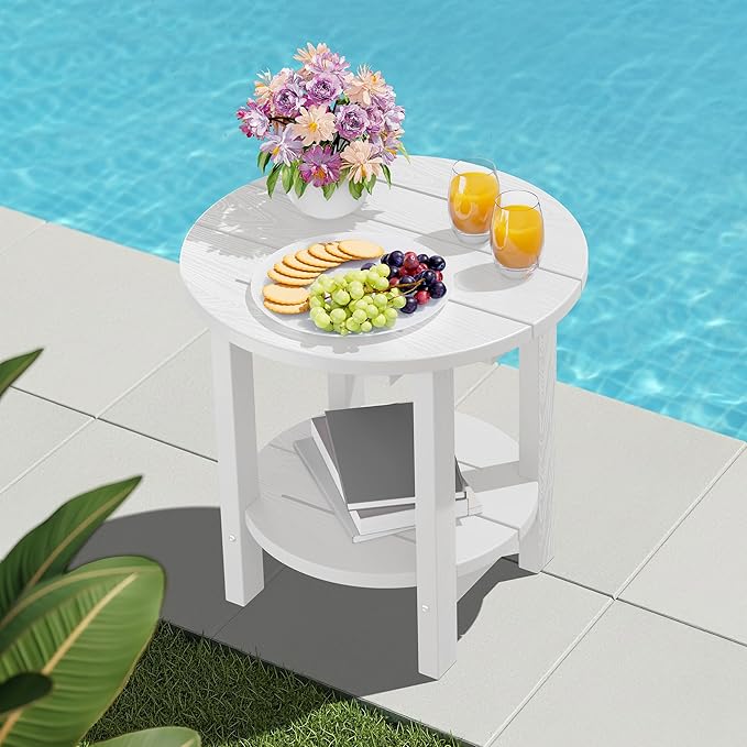 SERWALL Round Outdoor Side Table Set of 2, HDPE Small Adirondack Double End