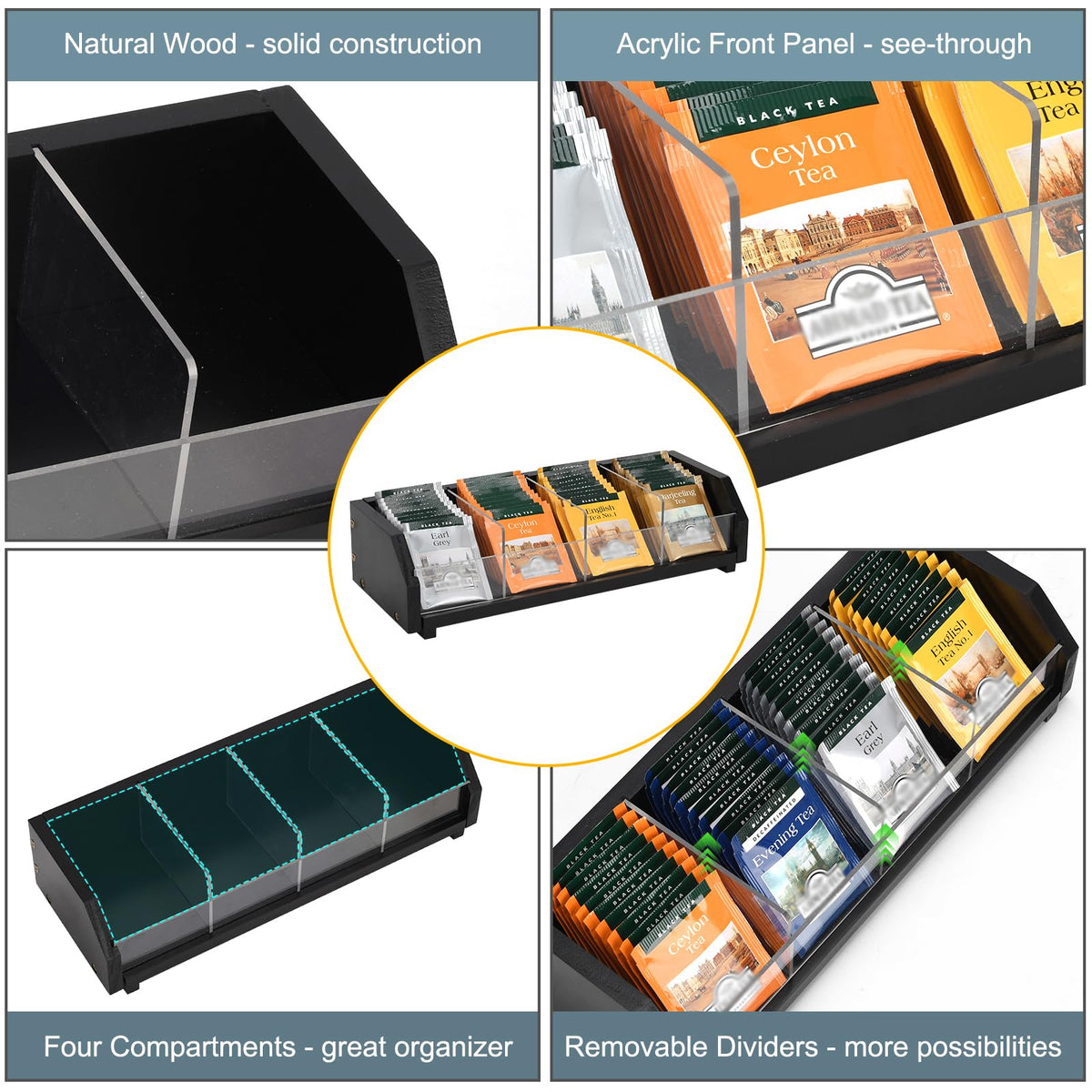 Tea Bag Holder Organizer Box with 4 Compartments, Pine Wood and Acrylic, 13.5 x 4.9 x 3.1 inches for Drawer, Cabinet, Countertop, Tea Tray (Black)
