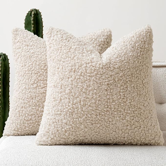 Faux Fur Throw Pillow Covers 24x24 Inch Set of 2 Euro Boucle Neutral Decorative