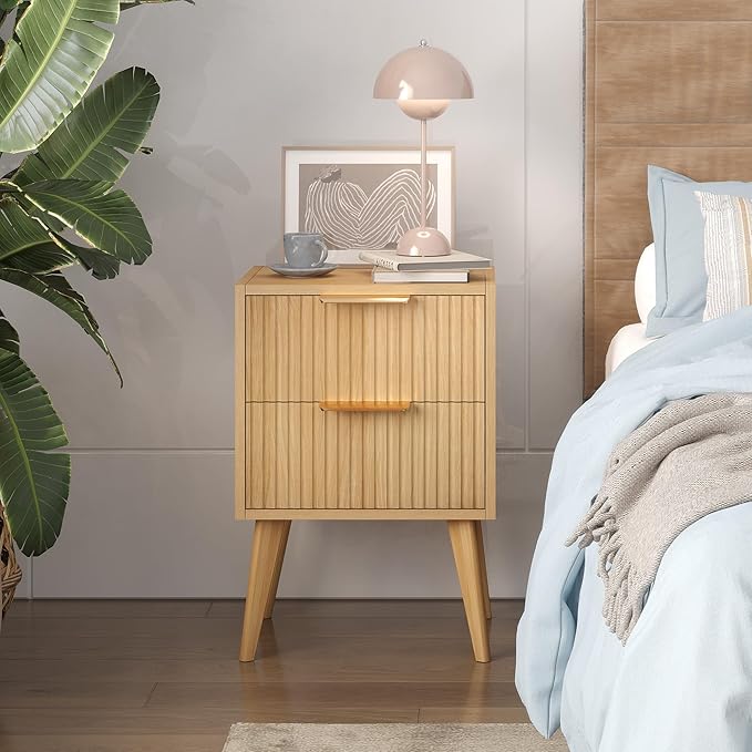 YAUKOMEL Fluted Nightstand, Small Bedside Table, Natural Wood Night Stand