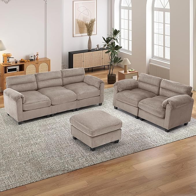 HAOMARKETS Corduroy 3-piece Sofa Set, Upholstered Ottoman, Loveseat 2-Seater