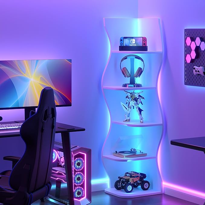 VECELO Wavy Corner Shelf with LED Light, Decorative 6-Tier Corner Display