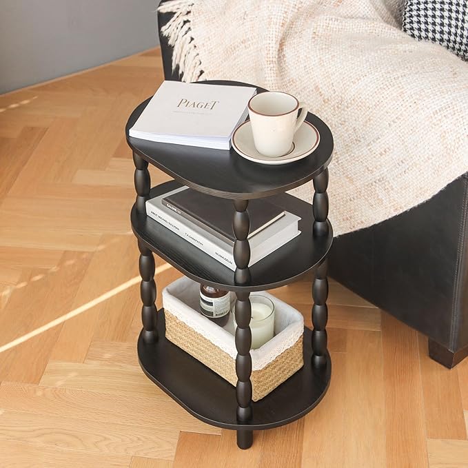 MaxSmeo Black Side Table, 3-Tier Small Oval End Table, Modern Night Stand Wood