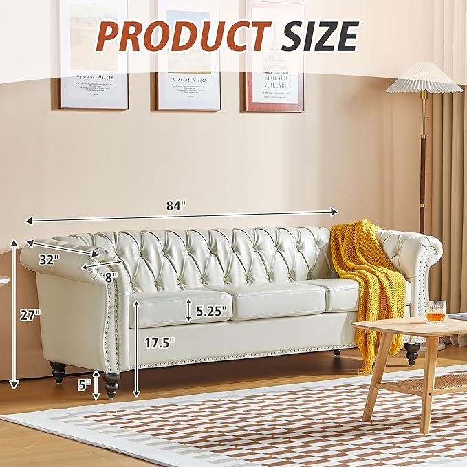 ORRD 2 Piece Living Room Set, Chesterfield Faux Leather Sofa Loveseat Couch