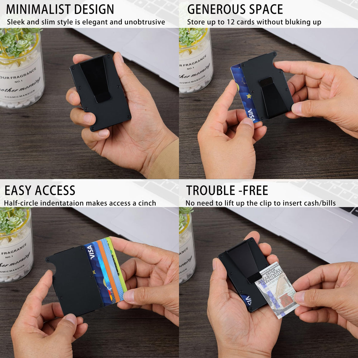 RARITIK Minimalist Carbon Fiber Wallet for Men, Money Clip Cash Strap Wallet, RFID Blocking Metal Wallet Aluminum Card Holder,Front Pocket Wallet(Matte Black)