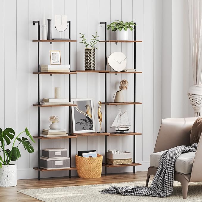 HOOBRO DIY Ladder Shelf, 6-Tier Wooden Wall Mounted Bookshelf, Narrow Bookcase
