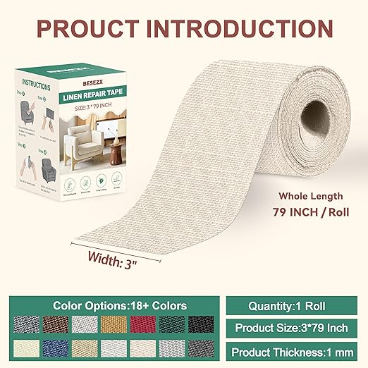 Besezx Linen Fabric Repair Tape, 3x79 Inch Self Adhesive Repair Patches
