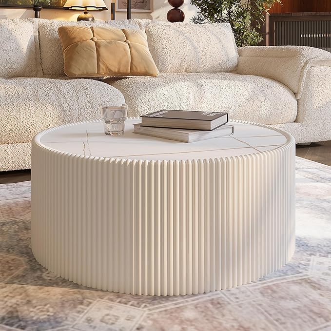 SSLine Round Drum Coffee Table Modern Sintered Stone Top Coffee Table in White
