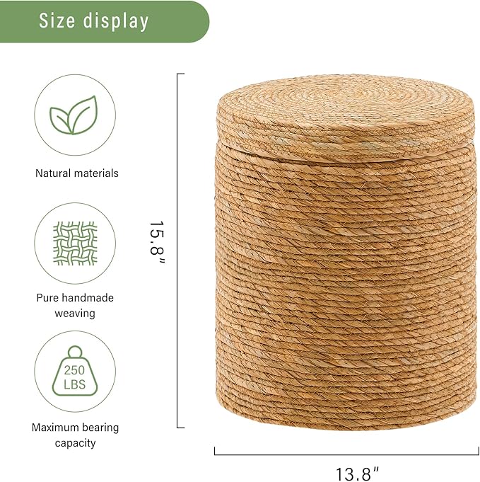 Wimarsbon Round Pouf Ottomans, Handwoven Natural Water Hyacinth Seagrass Pouffe
