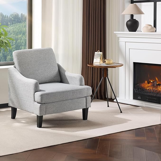 VINGLI Linen Fabric Accent Chair Grey, Modern Upholstered Armchair, Comfy Sofa