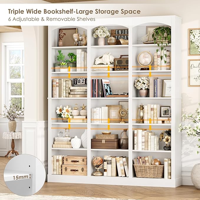 FACBOTALL 71" Triple Wide Bookshelf, 6 Tier Bookcase, Large White Bookshelf