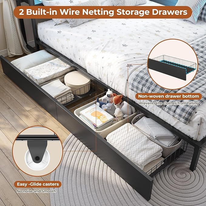 DICTAC Corner Bed Frame with 2 Storage Drawers and Bookcase Headboard Twin XL