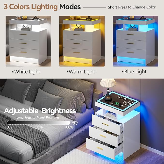 White Night Stand with Wireless Charging Station, Smart Bedside Table with 3