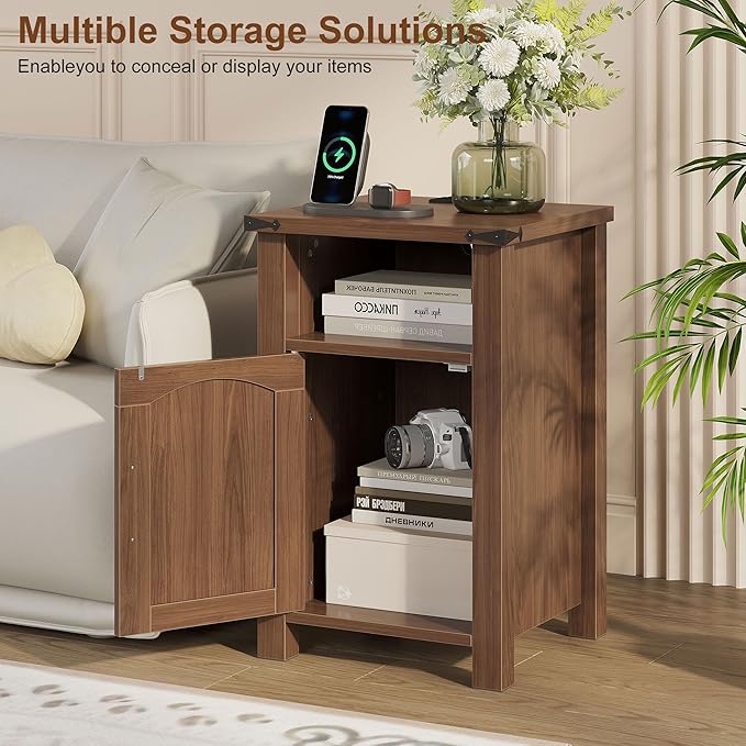 Farmhouse Nightstand with Charging Station, Rustic Bedside Table with Large
