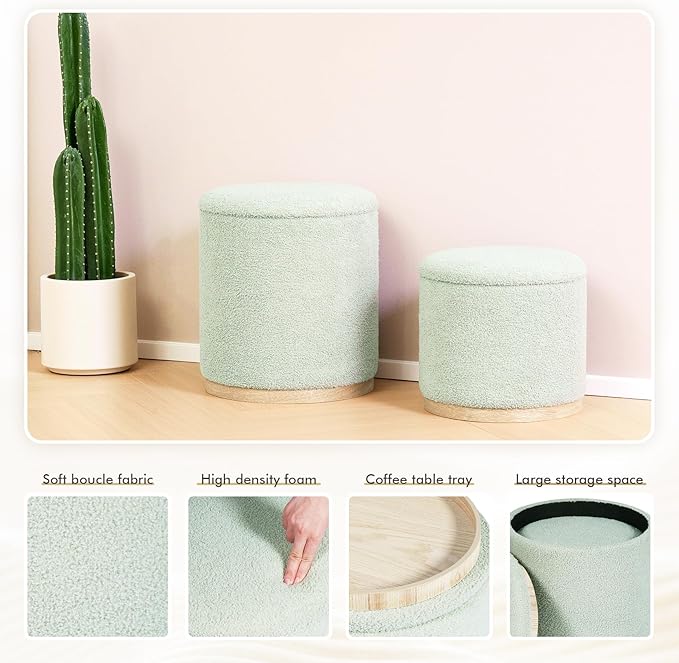 PINPLUS Round Ottoman with Storage Set of 2, Storage Ottoman with Tray