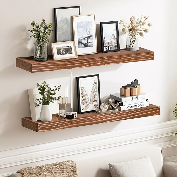24x8x1.6 inch Floating Shelves Set of 2 – Solid Wood Rustic Brown Wall Mounted