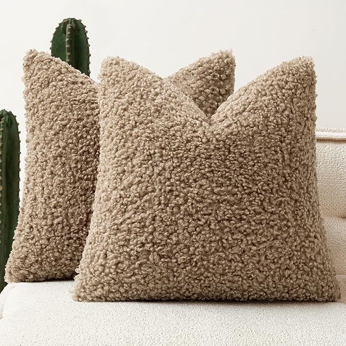 Faux Fur Throw Pillow Covers 18x18 Inch Set of 2 Boucle Neutral Decorative