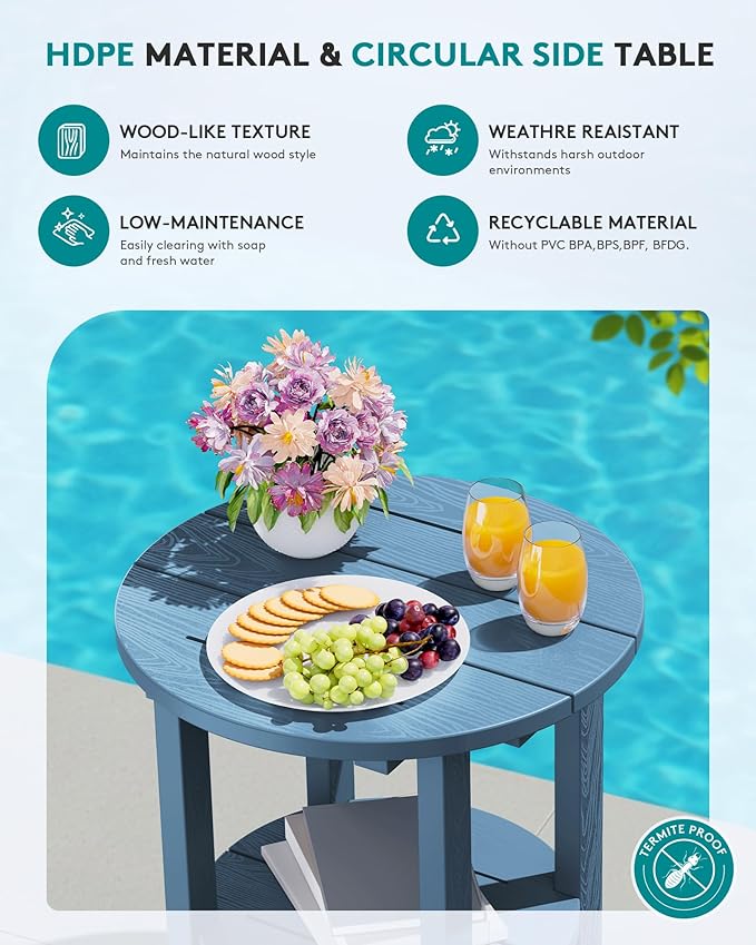 SERWALL Round Outdoor Side Table Set of 2, HDPE Small Adirondack Double End