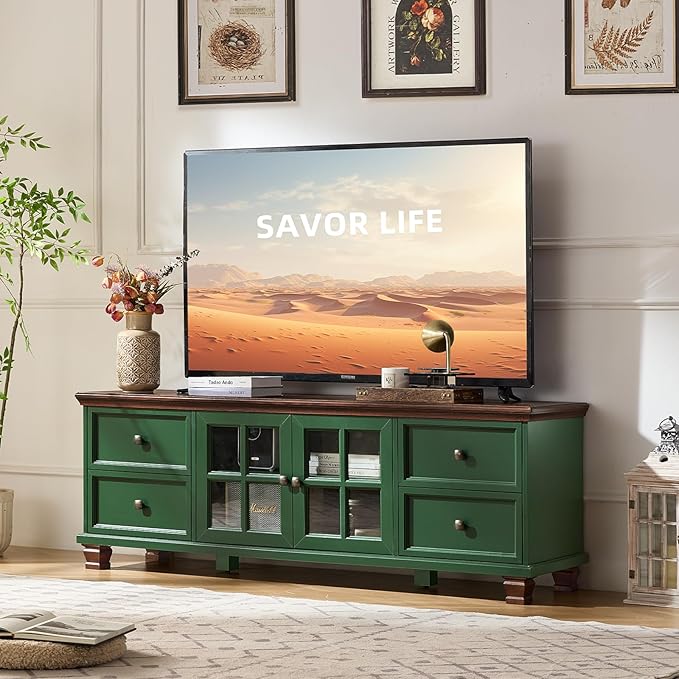 SAVOR LIFE Farmhouse TV Stand for Living Room, Rustic Green Entertainment Center