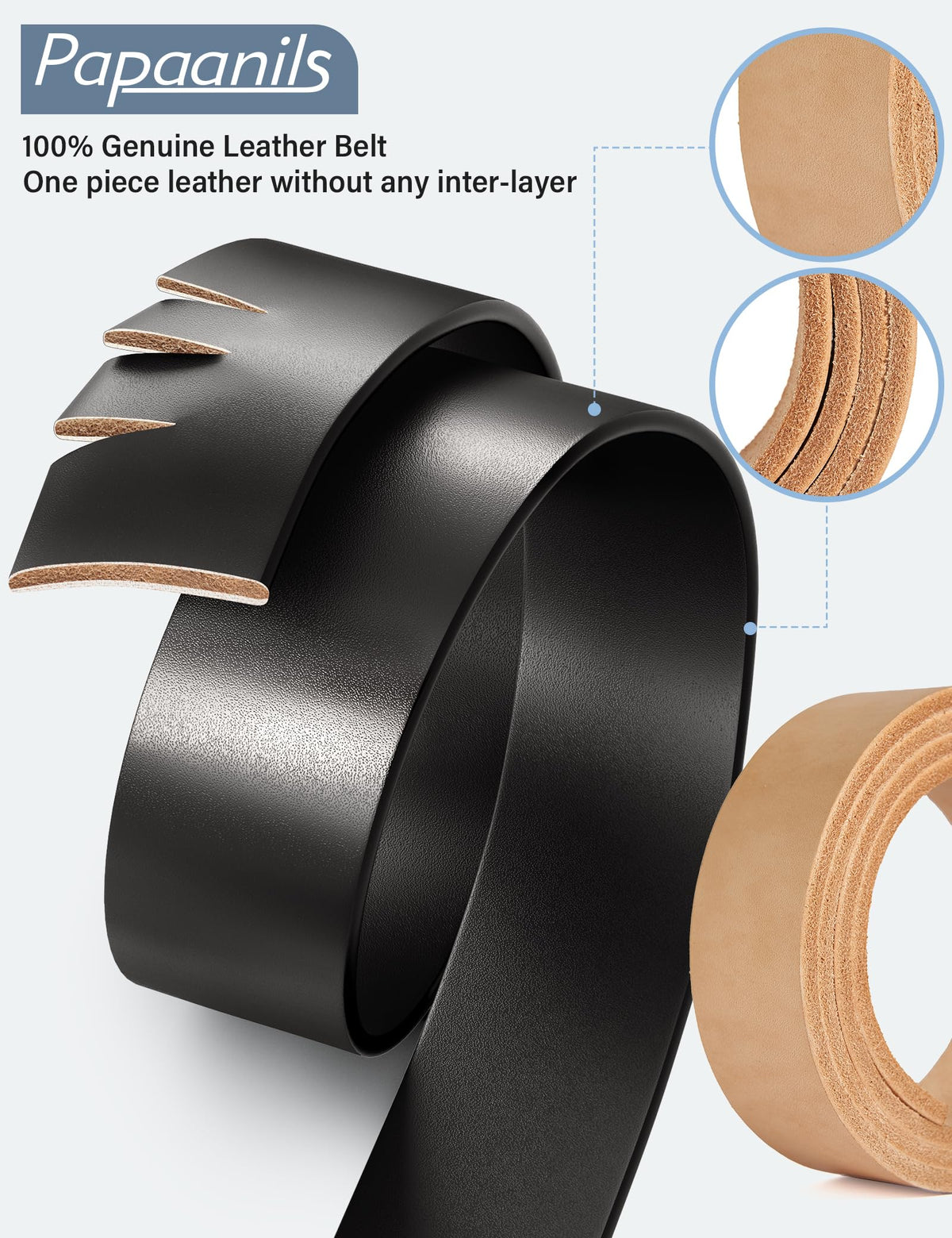 Papaanils Mens Black Dress Belt,Genuine Casual Mens Belts Leather for Jeans and Golf, Width1.5