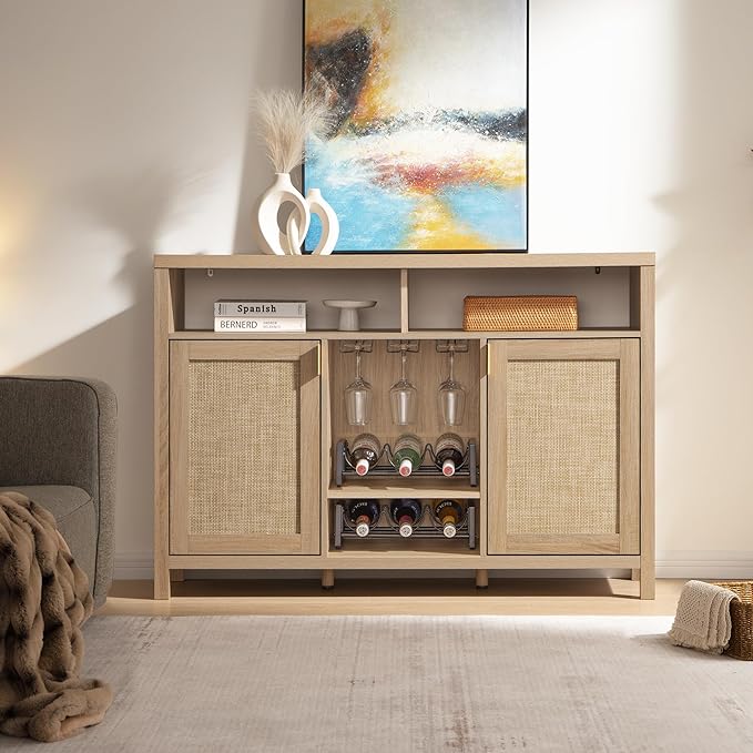 SICOTAS Rattan Coffee Bar Cabinet, Farmhouse Liquor Cabinet