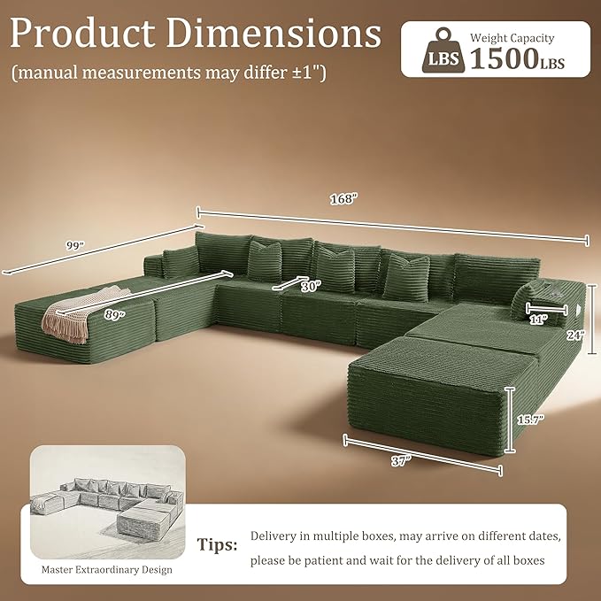 168" Cloud Sectional Couch, Comfort U Shaped Sofa
