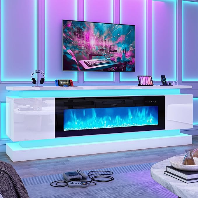 chartustriable 81IN LED TV Stands w/50 inch Fireplace Power Outlet