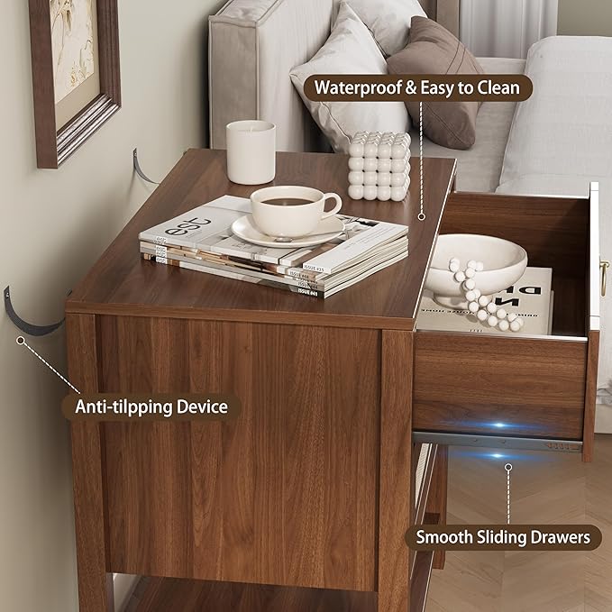 Xixini Nightstand wih 2 Drawers & Open Shelf, Small Mid Century Modern Night