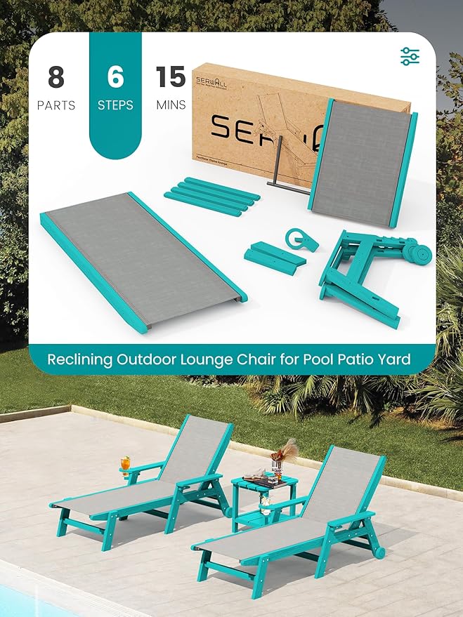 SERWALL Textilene Patio Chaise Lounge Chair, 5 Positions Adjustable Outdoor