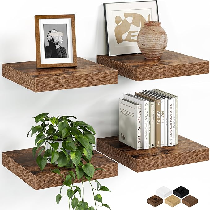 Fun Memories Floating Shelves for Wall, 9.3 Inch Set of 4 Rustic Wood Wall