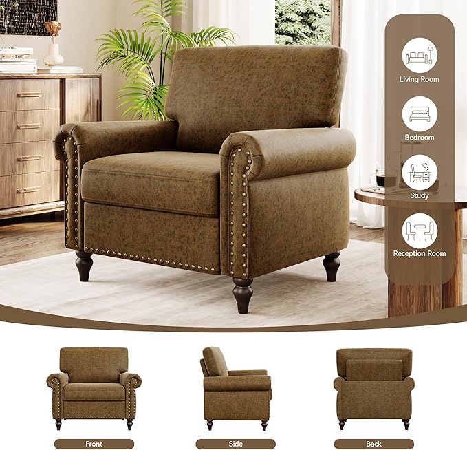 Nailhead Trim Accent Chairs Set of 2, Faux Leahter Mid Century Modern Living