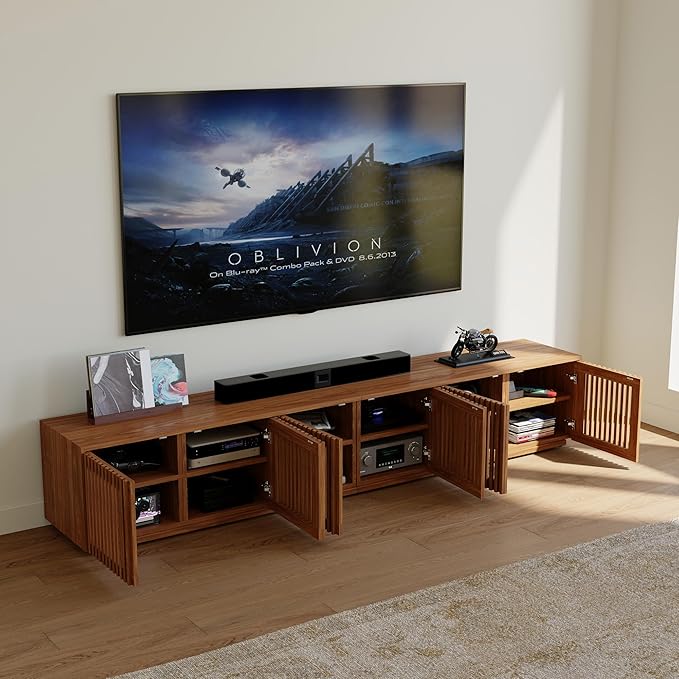 POVISON Full Assembled Mid Century Modern TV Stand, Wood Slatted Media Console
