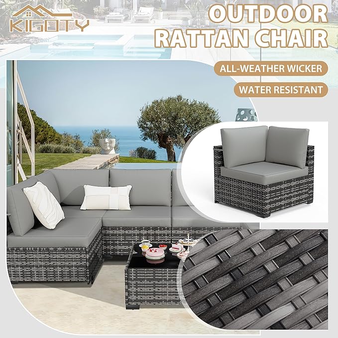 KIGOTY Patio Furniture Set, 7 Pieces Modular Outdoor Sectional Sofa, PE Rattan