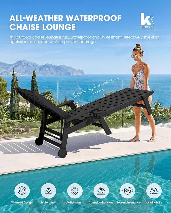 KINGYES HDPE Lounge Chair Outdoor Set of 2, Patio Chaise Lounge Recliner