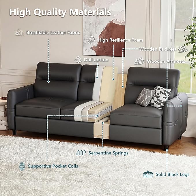 STHOUYN 85” Black Faux Leather Couch