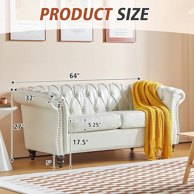 ORRD 2 Piece Living Room Set, Chesterfield Faux Leather Sofa Couch Chair
