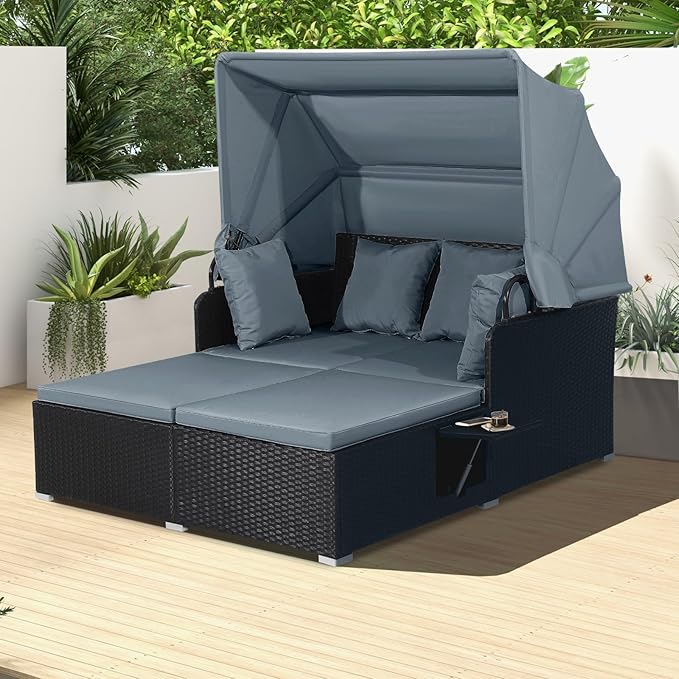 COSTWAY Outdoor Daybed with Retractable Canopy, Wicker Patio Furniture Set with