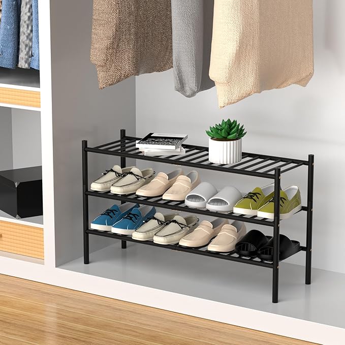 ROMGUAR CRAFT 3-Tier Bamboo Long Shoe Rack, Free Standing Wood Shoe Shelf