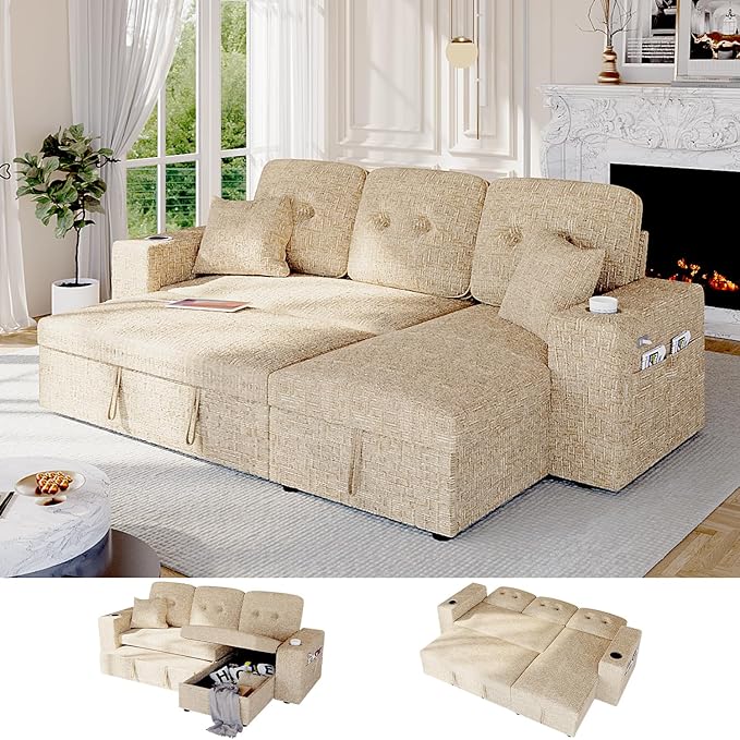 90 Inch Modular Sectional Sleeper Sofa Bed, 4 in 1 Pull Out Couch Bed